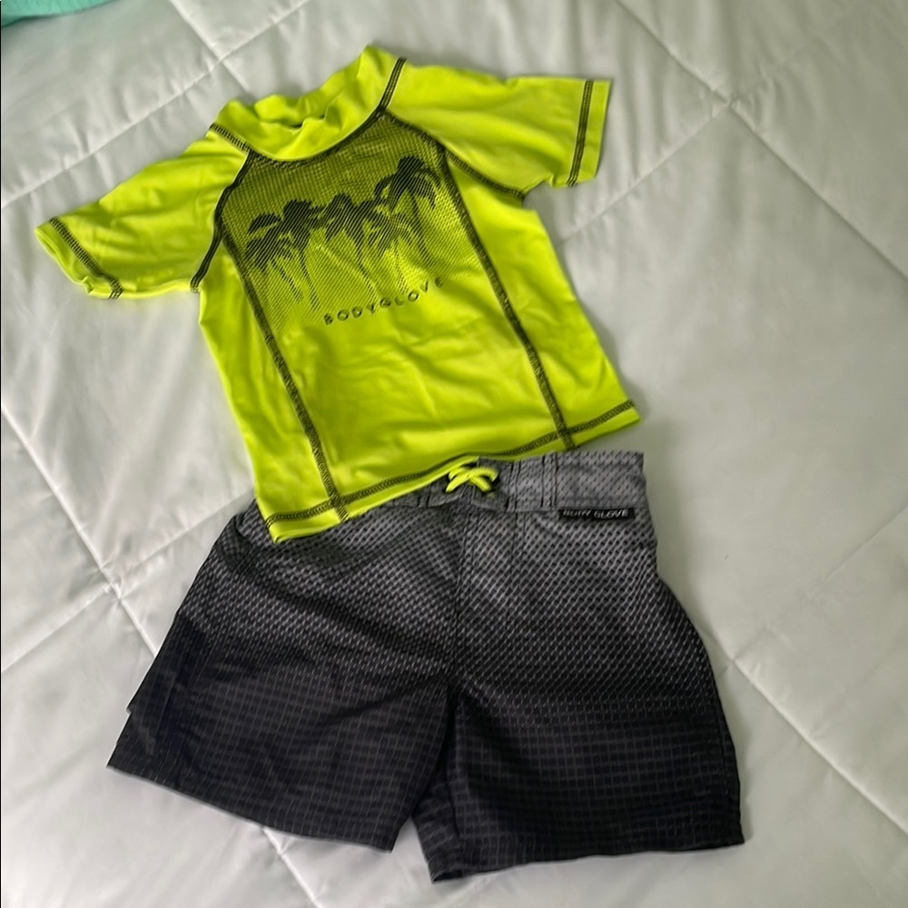 Body Glove - boys neon green, grey and   Black Rashguard Swim Set
